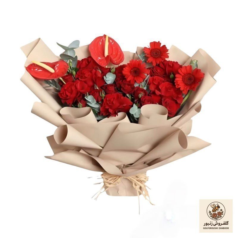 دسته گل رز، آنتوریوم، ژربرا طبیعی مدل 156 | کد: ZNB-58Y | کد: ZNB-58Y دسته گل رز، آنتوریوم، ژربرا طبیعی مدل 156 | کد: ZNB-58Y | کد: ZNB-58Y