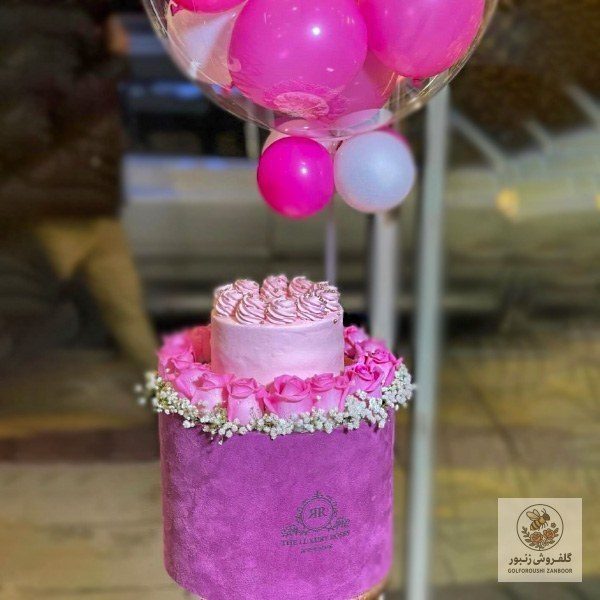 باکس گل و کیک و بادکنک صورتی مدل 805 | کد: ZNB-OUV